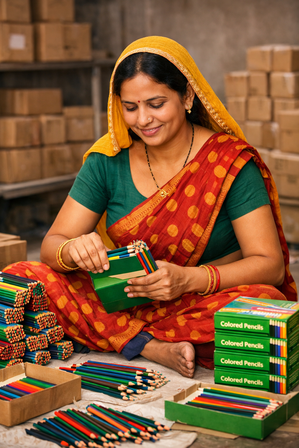 womens who are packing pencils at home